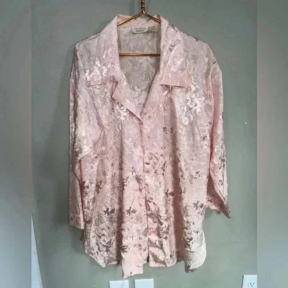 Vintage Victoria's Secret Gold Label Pink Print Satin Button Sleep Shirt 90s M/L